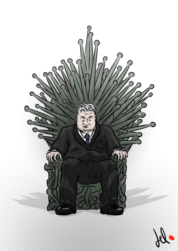 Orban sizes power in Hungary, cartoon by Emanuele Del Rosso